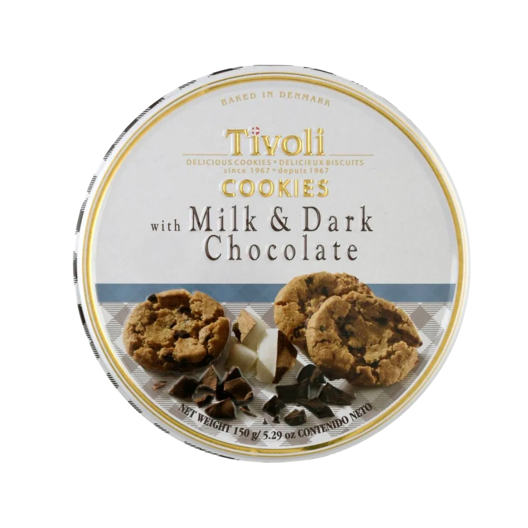 Tivoli   lata biscoito milk and dark chocolate   150g