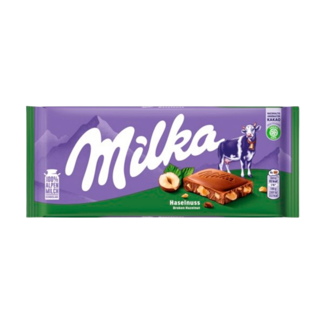 Milka   barra   broken hazelnut   avelas pedacos   90g