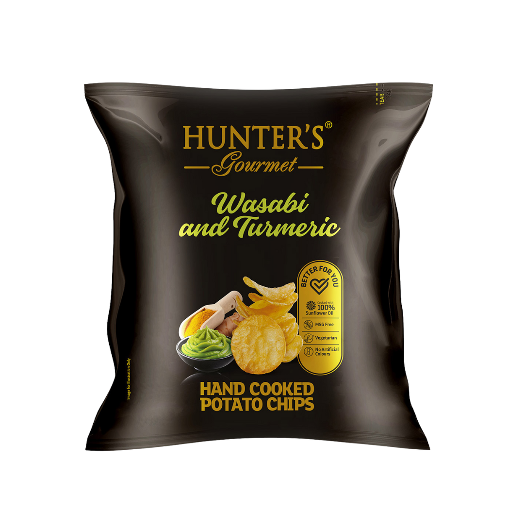 Snack hunters gourmet  40g  wasabi and turmeric  chips de batata frita sabor wasabi e curcuma