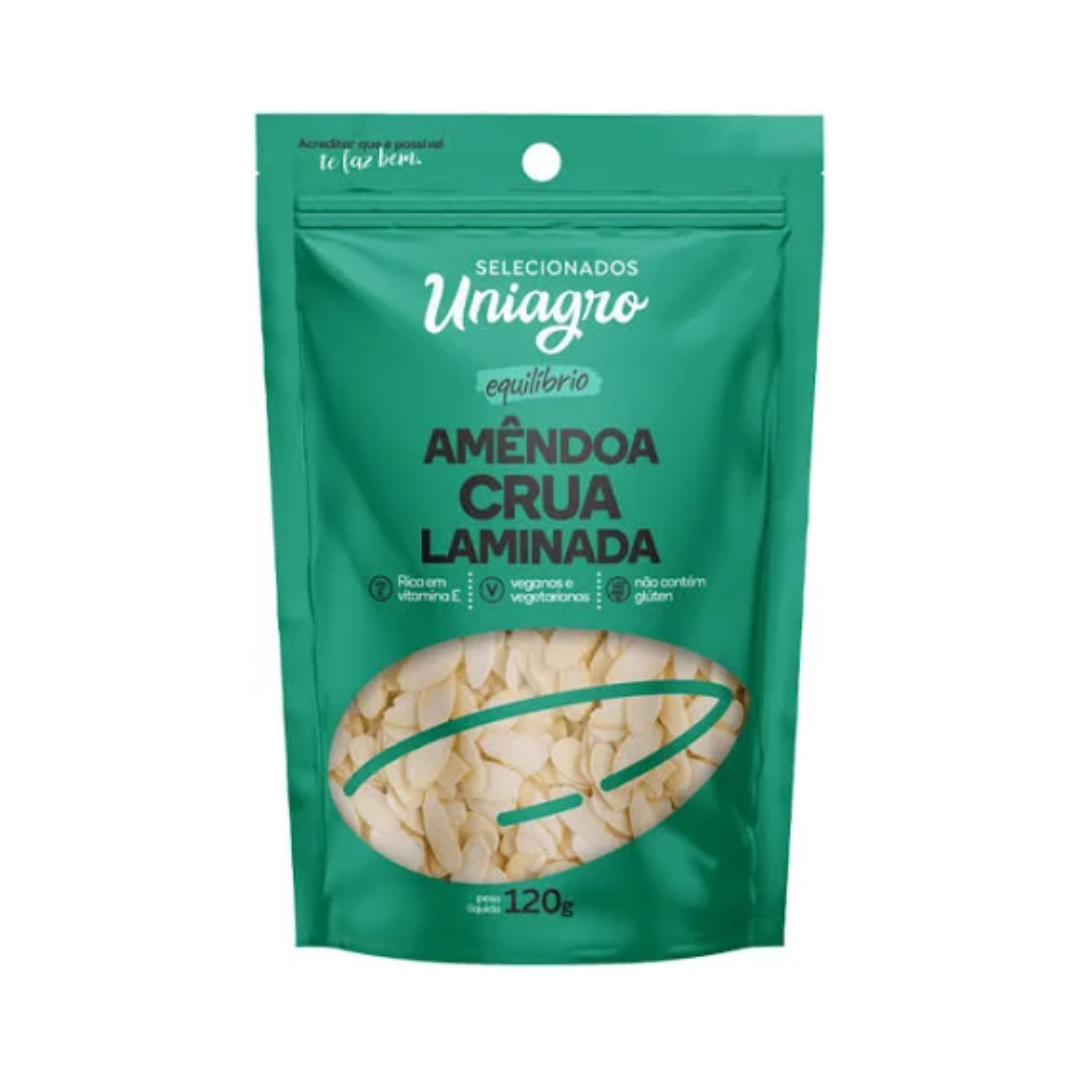 Castanhas   nuts uniagro   120g   amendoa crua laminada   pouch